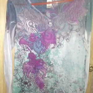 Womens Long Sleeve V Neck Floral